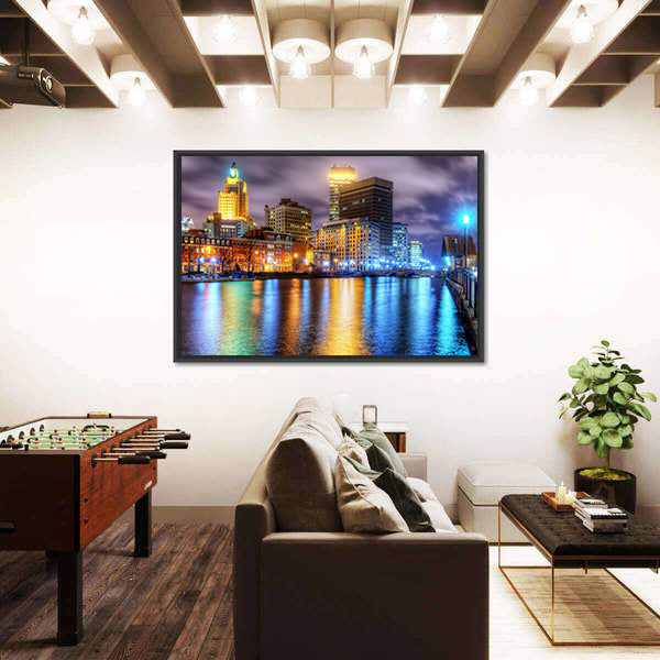 Downtown Providence Skyline with Water Reflections Canvas Wall Art