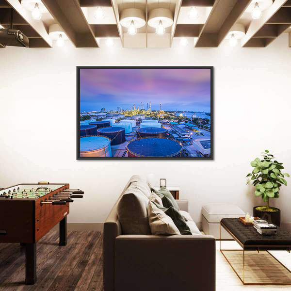 Twilight Oil Refinery with Storage Tanks Canvas Wall Art