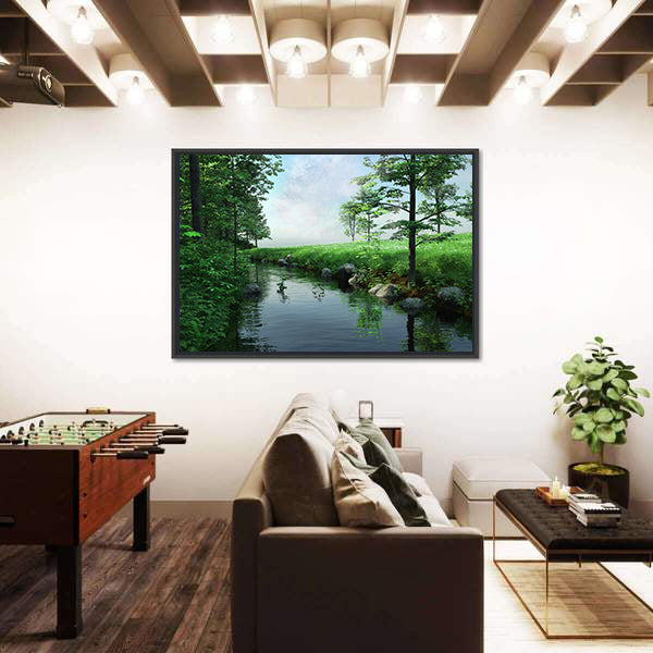 Green Meadow by a Winding Stream Canvas Wall Art