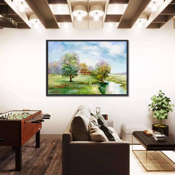 Thatched Cottage Beside Winding River Canvas Wall Art