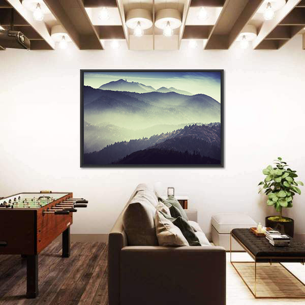 Misty Mountain Valley with Tower Silhouette Canvas Wall Art