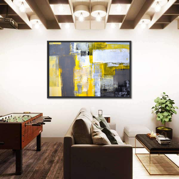Layered Geometric Abstract with Yellow Bars Canvas Wall Art