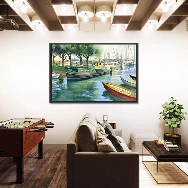 Watercolor Boats Canal Canvas Wall Art