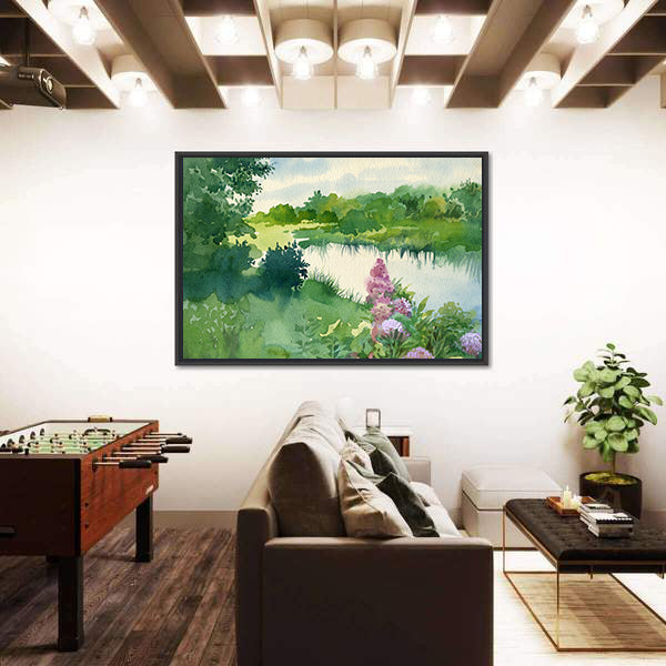 Watercolor River Landscape with Wildflowers Canvas Wall Art