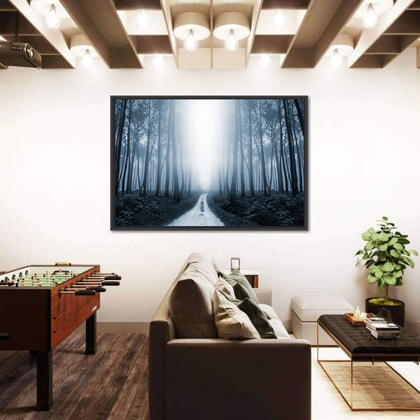 Scary Misty Road In The Forest Canvas Wall Art
