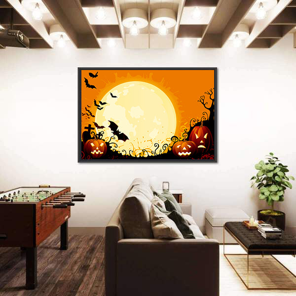 Jack-o'-lanterns Under Full Moon Canvas Wall Art