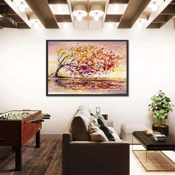 Wind-swept Autumn Tree by the Lake Canvas Wall Art