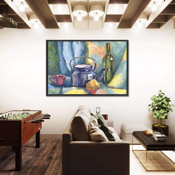 Dark Blue Kettle and Lemon Still Life Canvas Wall Art