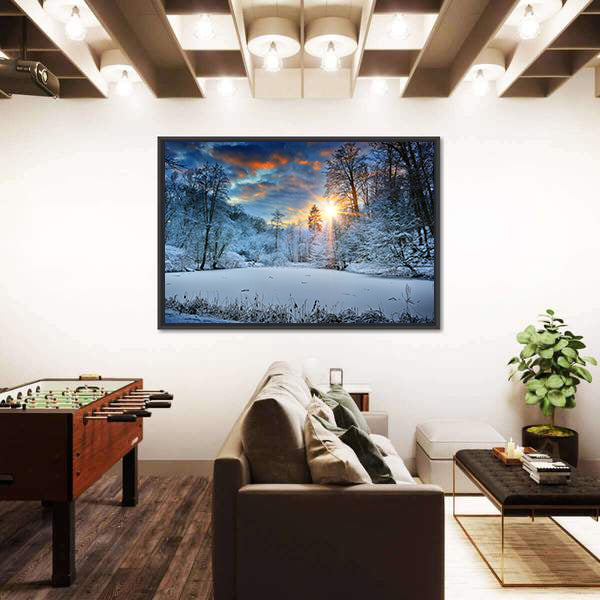 Spectacular Sunset Over Winter Forest Lake Canvas Wall Art
