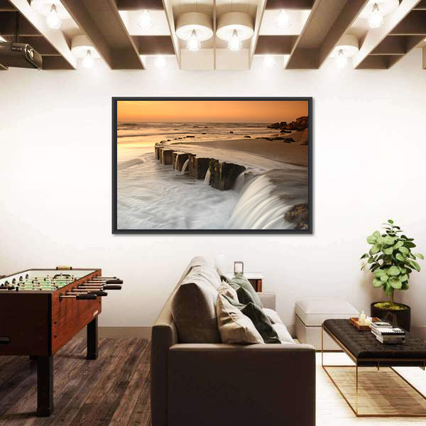 Waterfall By The Sea At Sunset Canvas Wall Art