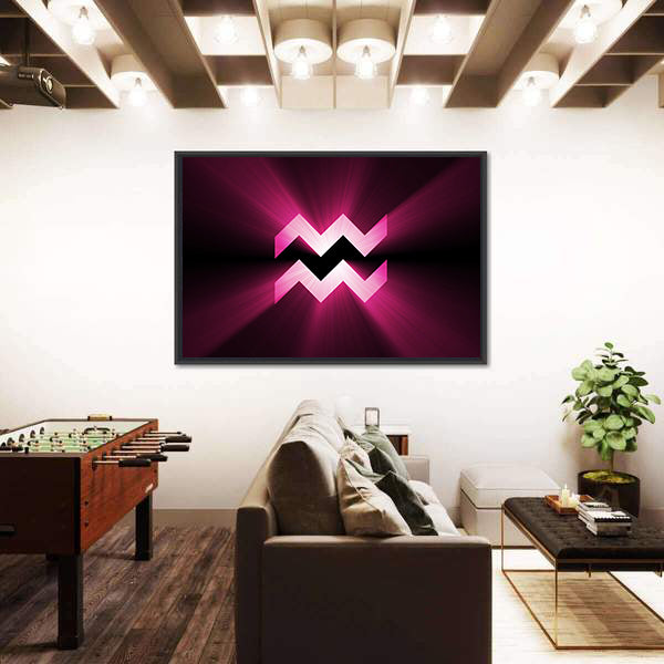 Glowing Pink Aquarius Zodiac Symbol Canvas Wall Art