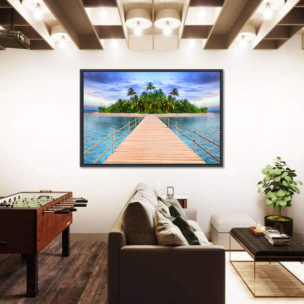 Wooden Pier to Tropical Maldives Island Canvas Wall Art