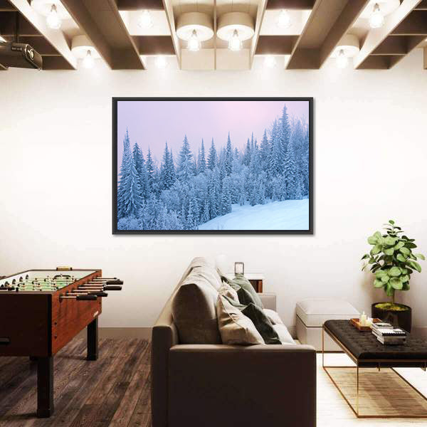 Winter Forest At The Sunset With Fog Canvas Wall Art