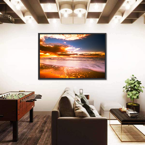 Sunset And Waves On The Beach Canvas Wall Art