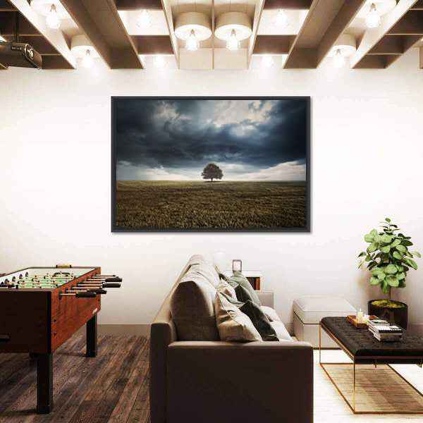 Tree In Field Under Storm Clouds Canvas Wall Art