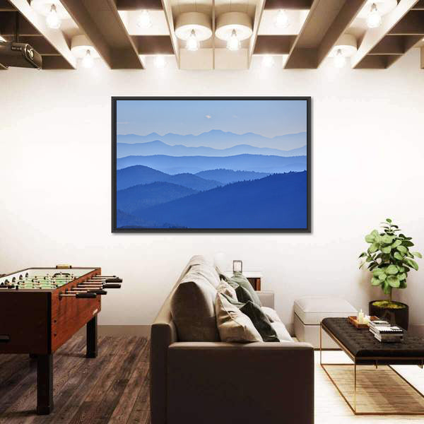 Misty Mountain Valley with Moon Canvas Wall Art
