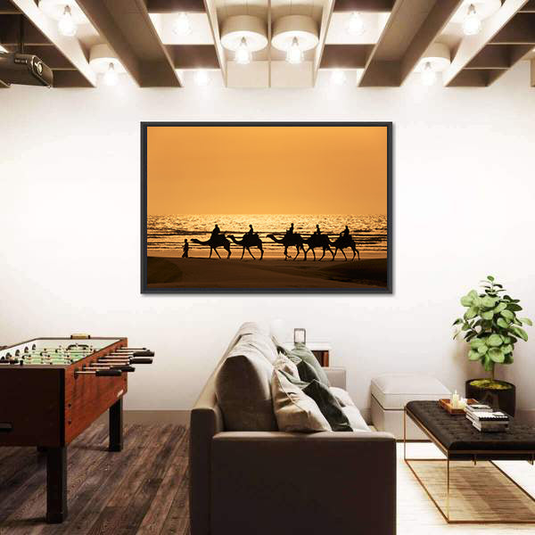Silhouette Of Dromedary And Tourists At Sunset Morocco Canvas Wall Art