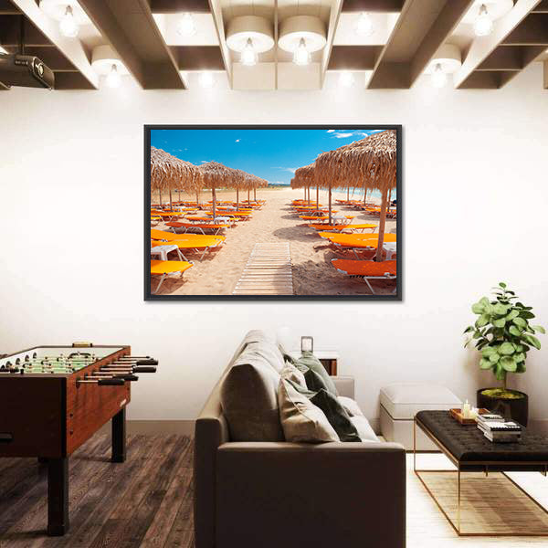 Greek Beach with Wooden Walkway and Orange Loungers Canvas Wall Art