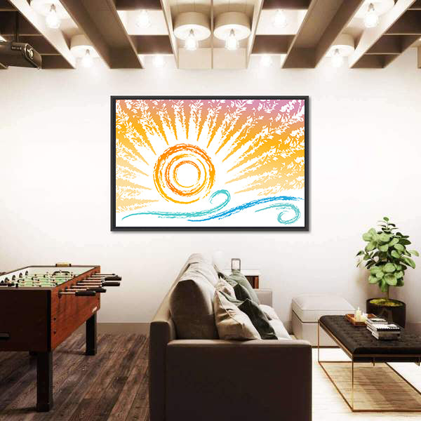 Stylized Sun and Ocean Waves Canvas Wall Art