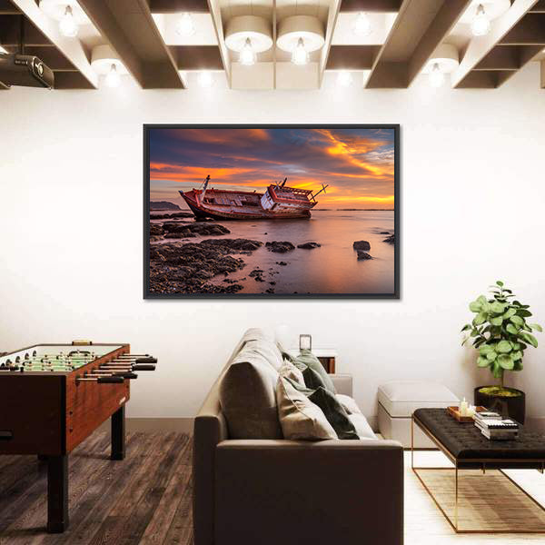 Fishing Boat Moored On Beach At Sunset Canvas Wall Art