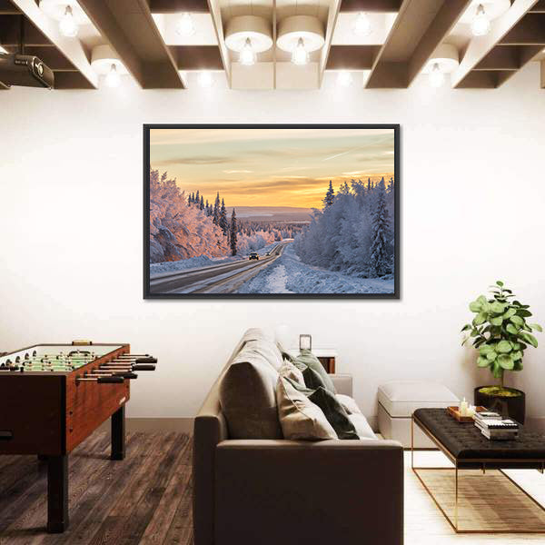 Winter Road In Northern Sweden Canvas Wall Art