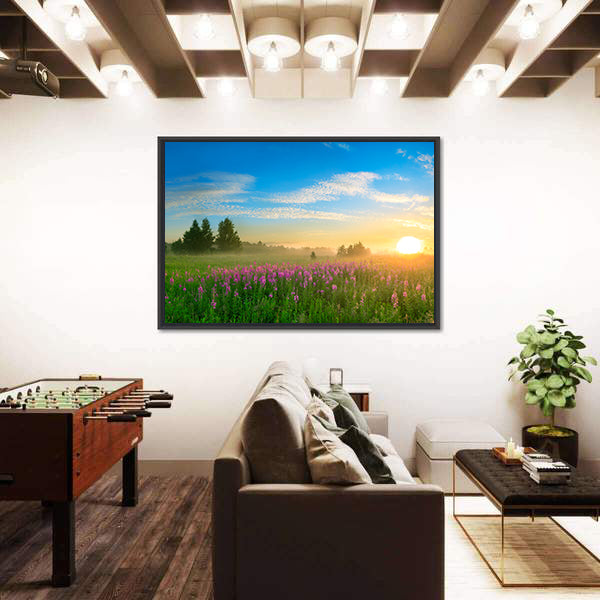 Sunrise Over Blossoming Meadow Canvas Wall Art