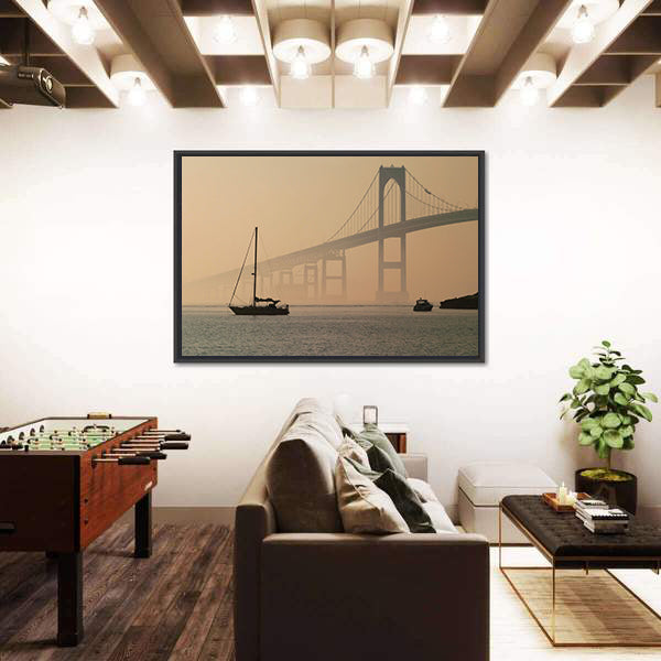 Hazy Suspension Bridge with Sailboat Canvas Wall Art