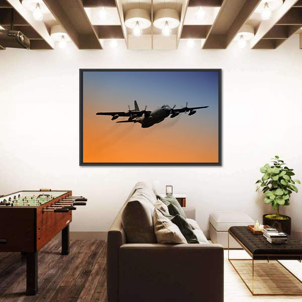Military Airplane Flying Into Early Morning Sky Canvas Wall Art