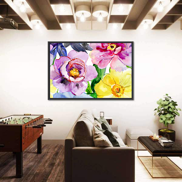Seamless Watercolor Peonies and Poppies Canvas Wall Art