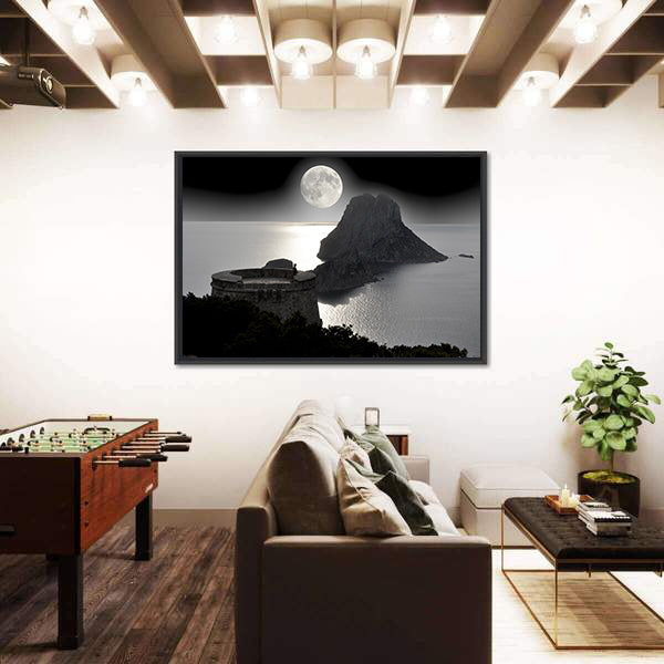 Moonlit Watchtower on Rocky Island Canvas Wall Art