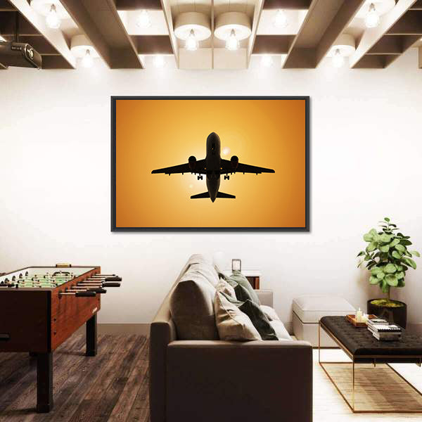 Airplane Silhouette Against the Sun Canvas Wall Art