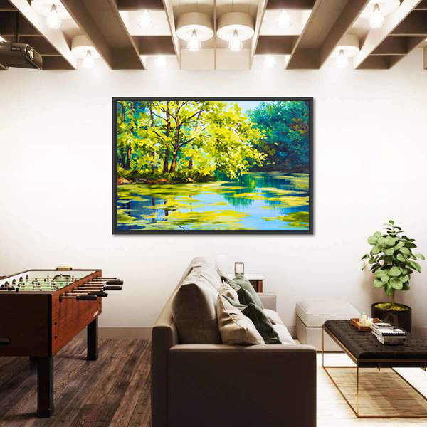 Sunlit Forest Lake Canvas Wall Art