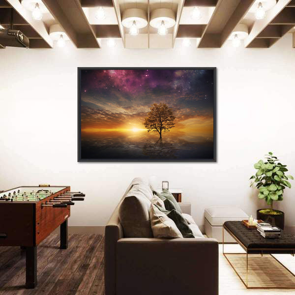 Surreal Tree Over Lake at Sunset Canvas Wall Art