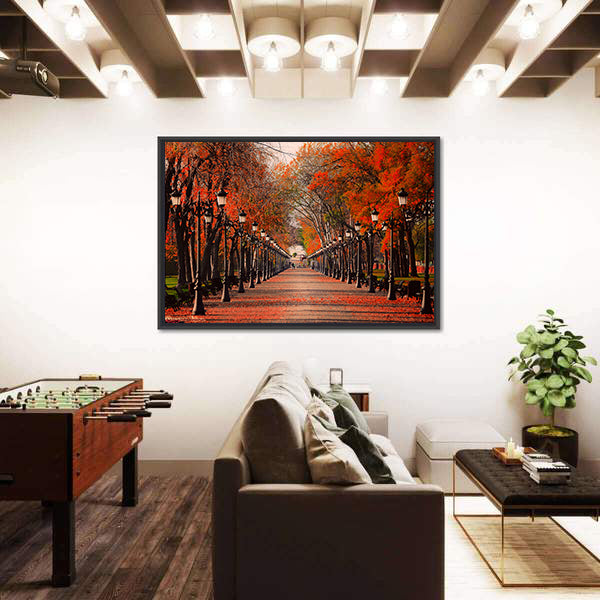 Red Autumn Park Pathway Canvas Wall Art