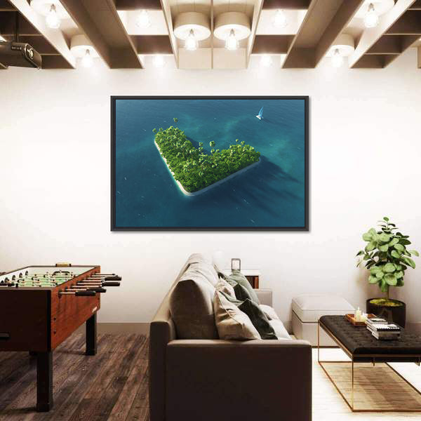 Heart-shaped Tropical Island with Sailboat Canvas Wall Art