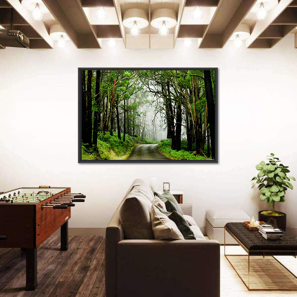 Forest Road With Fog Canvas Wall Art
