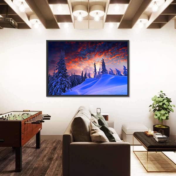 Snowy Winter Landscape At Sunset Canvas Wall Art