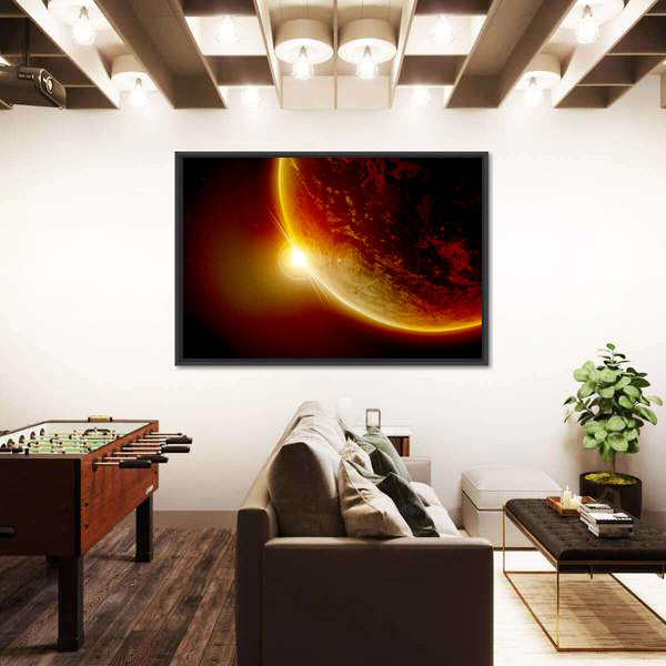 Red Planet Earth In Outer Space With Sun Canvas Wall Art