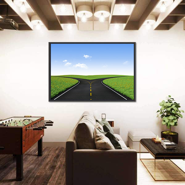 Forked Road in Sunlit Meadows Canvas Wall Art