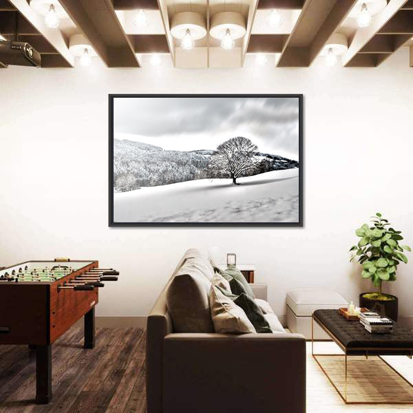 Lonely Tree In Snowy Landscape Canvas Wall Art