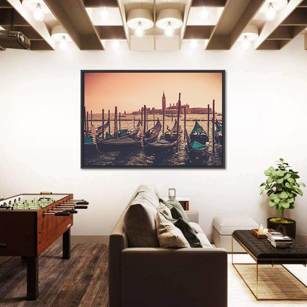 Gondolas Against Venice Panorama In Canal Canvas Wall Art