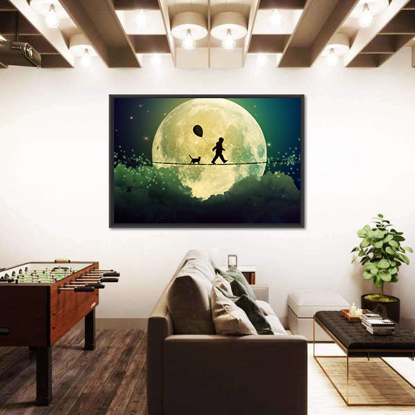 Child on Tightrope Under Full Moon Canvas Wall Art