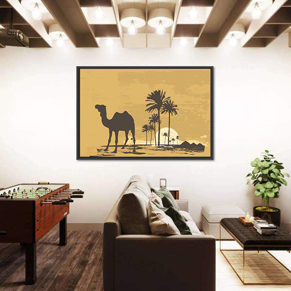 African Desert Sunset with Camel Silhouette Canvas Wall Art