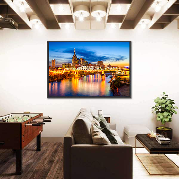 Nashville Skyline with Pedestrian Bridge at Dusk Canvas Wall Art