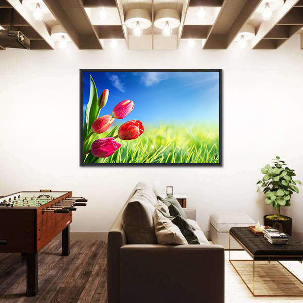 Sunny Spring Tulips in Meadow Canvas Wall Art