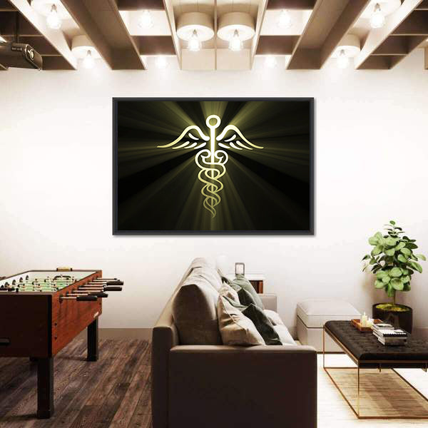 Golden Caduceus with Radiant Light Canvas Wall Art