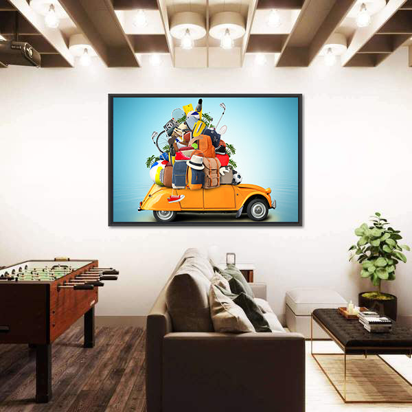 Yellow-orange 2cv with Overloaded Luggage Canvas Wall Art