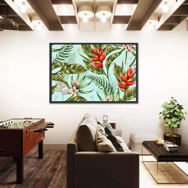 Tropical Heliconia and Plumeria Pattern Canvas Wall Art