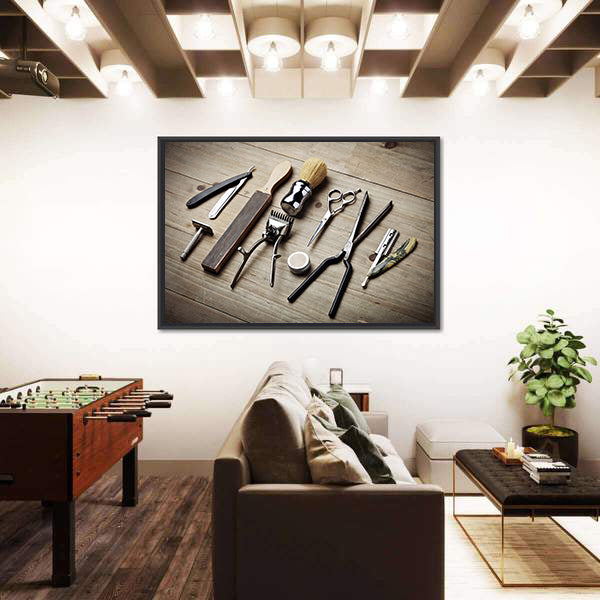 Vintage Barber Tools Flat Lay Canvas Wall Art