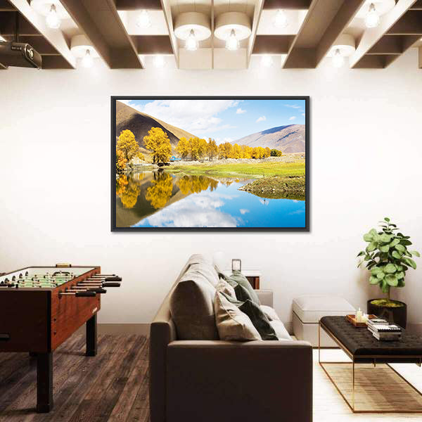 Autumn Mountain Lake with Golden Trees Canvas Wall Art